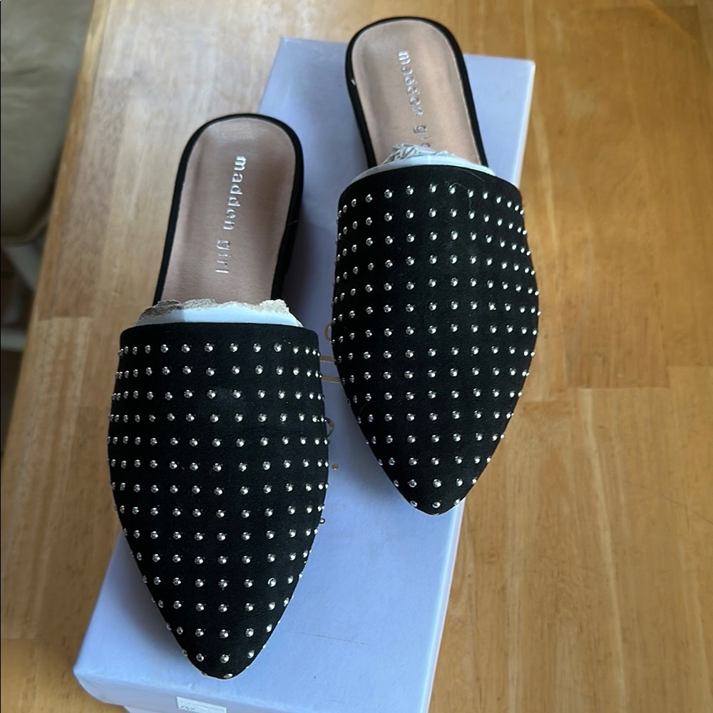 Madden Girl Black Studded Mules Edgy Slip-On Design